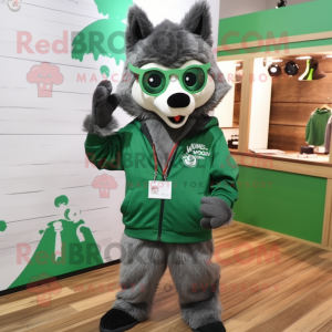 Green Say Wolf mascot costume character dressed with a Coat and Eyeglasses