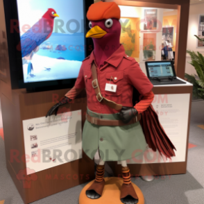 Maroon Passenger Pigeon mascot costume character dressed with a Flare Jeans and Bracelets