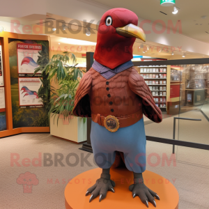 Maroon Passenger Pigeon mascot costume character dressed with a Flare Jeans and Bracelets