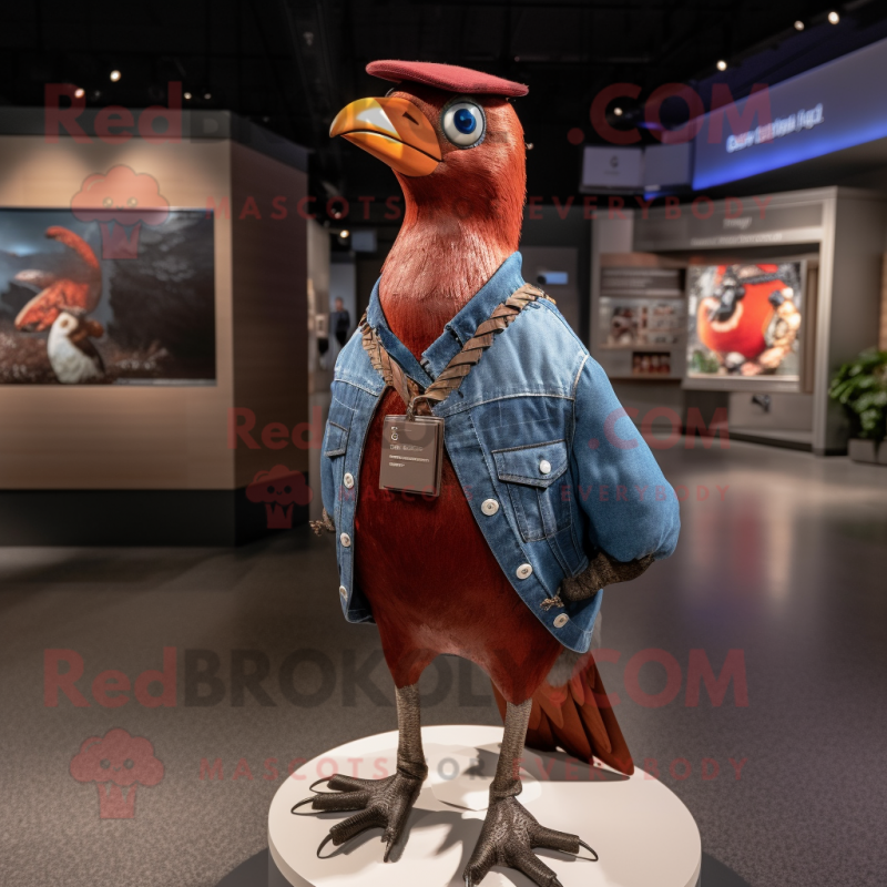 Maroon Passenger Pigeon mascot costume character dressed with a Flare Jeans and Bracelets