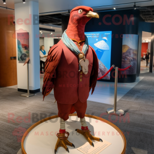 Maroon Passenger Pigeon mascot costume character dressed with a Flare Jeans and Bracelets