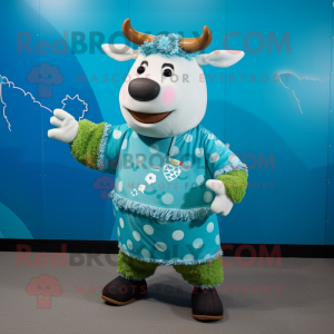 Cyan Beef Wellington mascot costume character dressed with a Sweater and Anklets