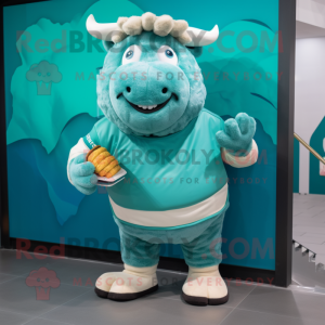 Cyan Beef Wellington mascot costume character dressed with a Sweater and Anklets