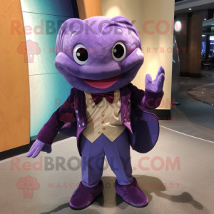 Purple Stingray mascot costume character dressed with a Corduroy Pants and Bow ties