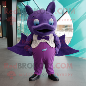 Purple Stingray mascot costume character dressed with a Corduroy Pants and Bow ties