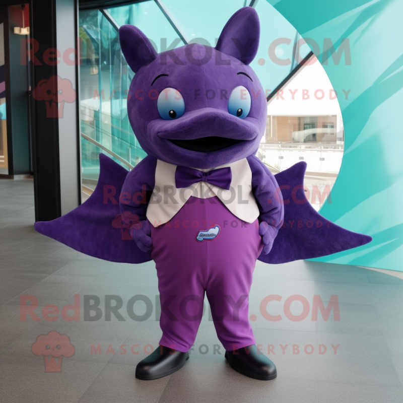 Purple Stingray mascot costume character dressed with a Corduroy Pants and Bow ties Purple Stingray mascot costume character dressed with a Corduroy Pants and Bow ties