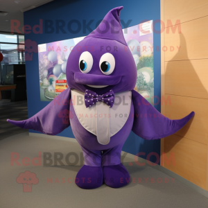 Purple Stingray mascot costume character dressed with a Corduroy Pants and Bow ties