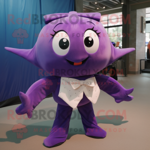 Purple Stingray mascot costume character dressed with a Corduroy Pants and Bow ties