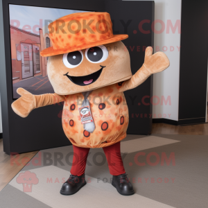 Rust Pizza mascot costume character dressed with a Suit Pants and Caps