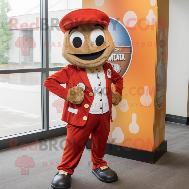 Rust Pizza mascot costume character dressed with a Suit Pants and Caps