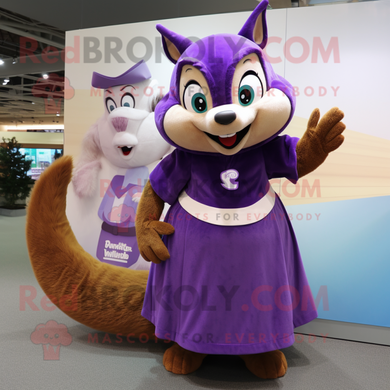 Purple Squirrel mascot costume character dressed with a Wrap Skirt and Watches