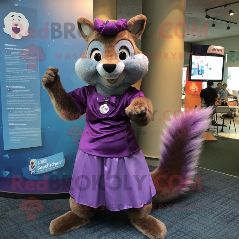 Purple Squirrel mascot costume character dressed with a Wrap Skirt and Watches Purple Squirrel mascot costume character dressed with a Wrap Skirt and Watches