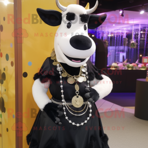 Black Cow mascot costume character dressed with a Skirt and Necklaces