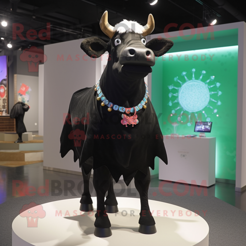 Black Cow mascot costume character dressed with a Skirt and Necklaces Black Cow mascot costume character dressed with a Skirt and Necklaces