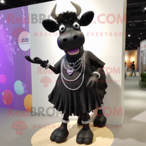 Black Cow mascot costume character dressed with a Skirt and Necklaces