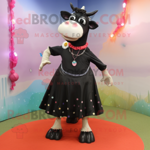 Black Cow mascot costume character dressed with a Skirt and Necklaces