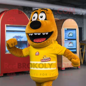 Gold Hot Dog mascot costume character dressed with a Rash Guard and Smartwatches