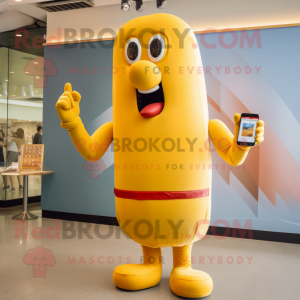 Gold Hot Dog mascot costume character dressed with a Rash Guard and Smartwatches
