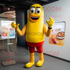 Gold Hot Dog mascot costume character dressed with a Rash Guard and Smartwatches