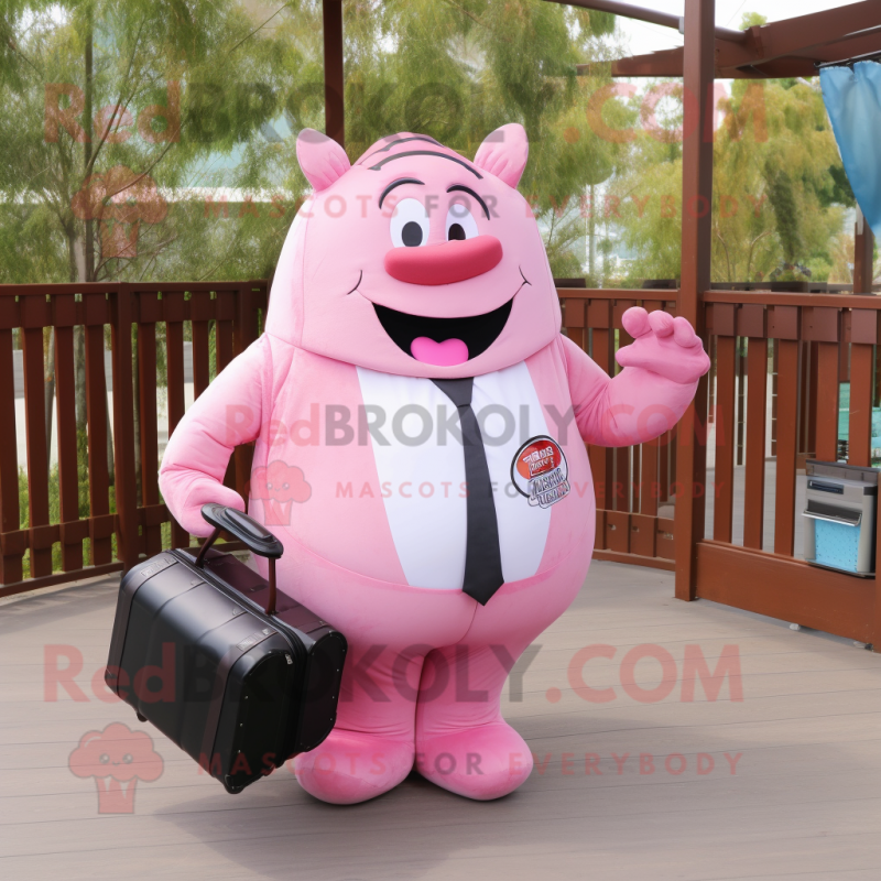 Pink Bbq Ribs mascot costume character dressed with a Suit Pants and Messenger bags