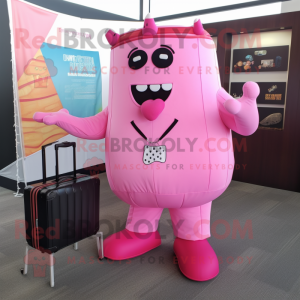 Pink Bbq Ribs mascot costume character dressed with a Suit Pants and Messenger bags