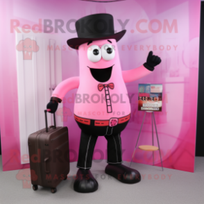 Pink Bbq Ribs mascot costume character dressed with a Suit Pants and Messenger bags