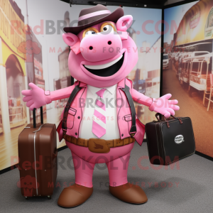 Pink Bbq Ribs mascot costume character dressed with a Suit Pants and Messenger bags