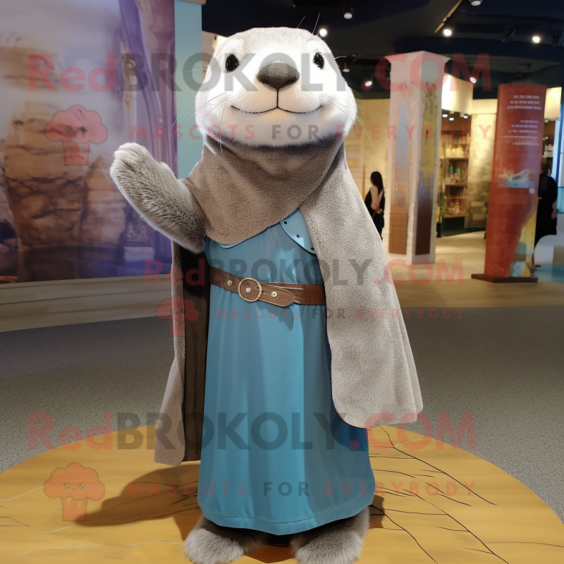 Gray Otter mascot costume character dressed with a Sheath Dress and Shawls