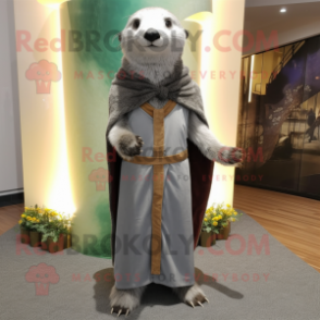 Gray Otter mascot costume character dressed with a Sheath Dress and Shawls