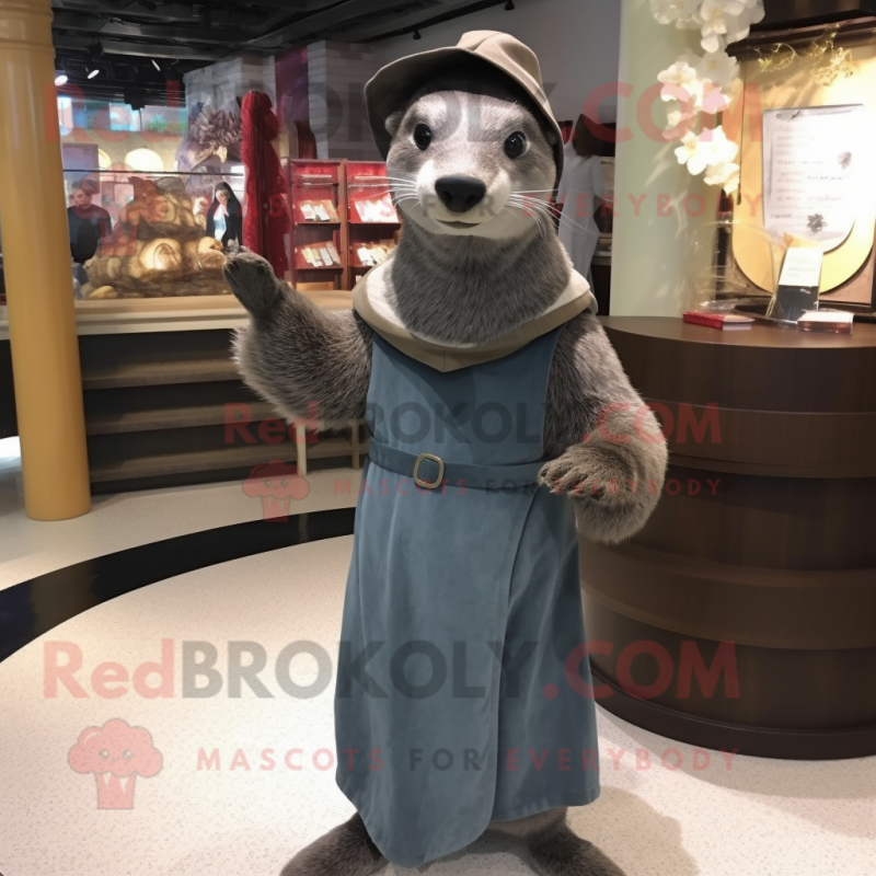 Gray Otter mascot costume character dressed with a Sheath Dress and Shawls