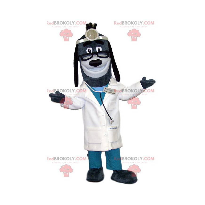 Mascote cão cinzento vestido de médico - Redbrokoly.com