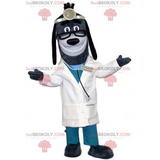 Grå hundmaskot klädd som en läkare - Redbrokoly.com