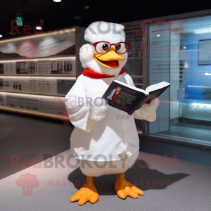 White Muscovy Duck mascot costume character dressed with a Playsuit and Reading glasses