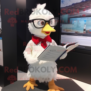 White Muscovy Duck mascot costume character dressed with a Playsuit and Reading glasses