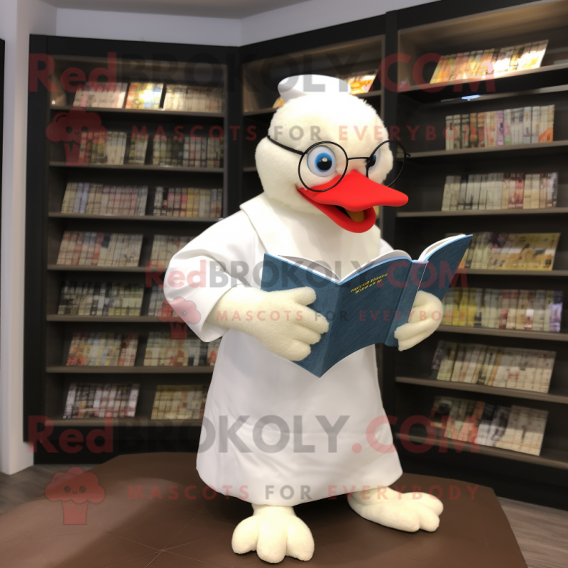 White Muscovy Duck mascot costume character dressed with a Playsuit and Reading glasses White Muscovy Duck mascot costume character dressed with a Playsuit and Reading glasses