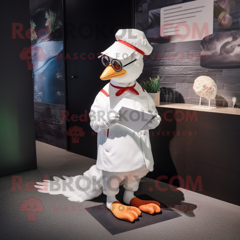 White Muscovy Duck mascot costume character dressed with a Playsuit and Reading glasses