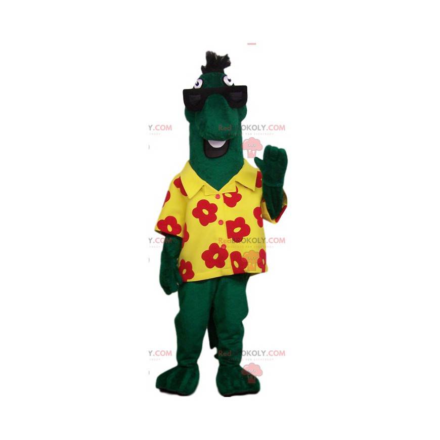 Mascotte de cheval vert étrange avec sa chemise jaune hawaïenne Mascotte de cheval vert étrange avec sa chemise jaune hawaïenne