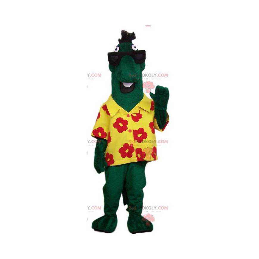 Zvláštní zelený maskot koně s jeho žlutou havajskou košilí -
