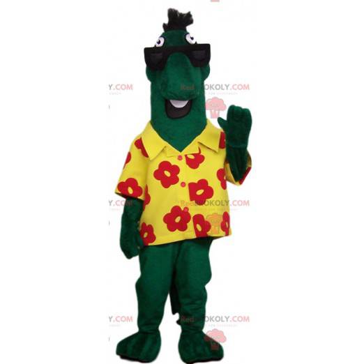 Mascote de cavalo verde estranho com sua camisa havaiana