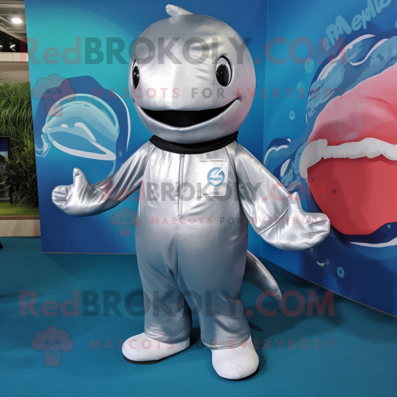 Silver Whale mascot costume character dressed with a Rash Guard and Foot pads