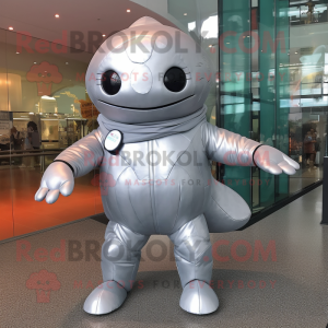 Silver Whale mascot costume character dressed with a Rash Guard and Foot pads