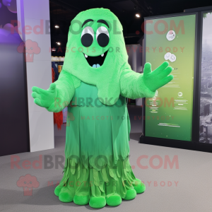 Forest Green Ghost mascot costume character dressed with a Dress and Mittens