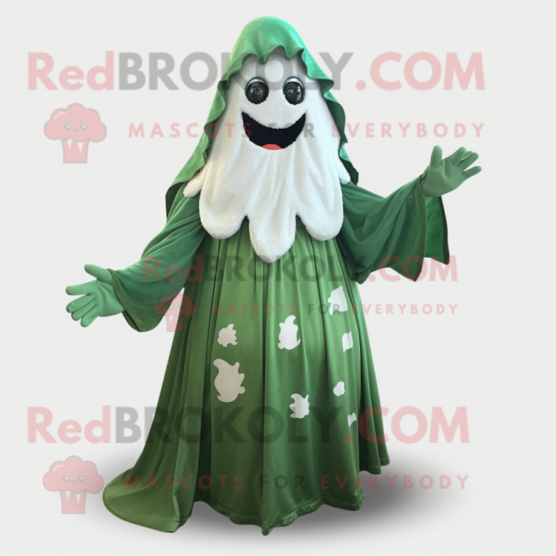 Forest Green Ghost mascot costume character dressed with a Dress and Mittens Forest Green Ghost mascot costume character dressed with a Dress and Mittens