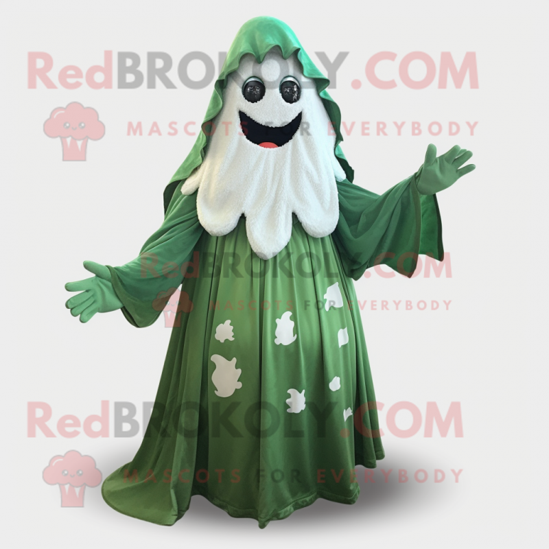 Forest Green Ghost mascot costume character dressed with a Dress and Mittens