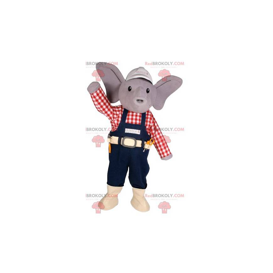 Mascote ratinho cinza com roupa de faz-tudo - Redbrokoly.com