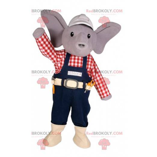 Mascotte de petite souris grise en tenue de bricoleuse -