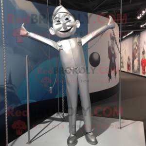 Silver Trapeze Artist mascot costume character dressed with a Jumpsuit and Earrings