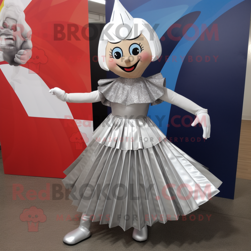 Silver Acrobat mascot costume character dressed with a Pleated Skirt and Wraps