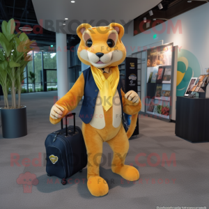 Yellow Jaguarundi mascot costume character dressed with a Suit and Tote bags