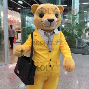 Yellow Jaguarundi mascot costume character dressed with a Suit and Tote bags